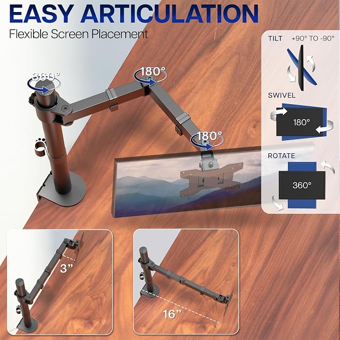 VIVO Single 13 to 38 inch Ultrawide Monitor Arm Desk Mount, Regular Screens up to 32 inches, 22 lbs capacity, Fully Adjustable Stand with C-Clamp and Grommet Base, Black, STAND-V001 - Image 3