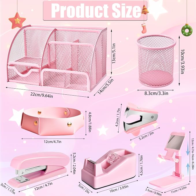 Pink Desk Accessories, 24Pcs Pink Office Supplies and Desk Organizers, with Tape Dispenser, Stapler, Staple Remover, Ect, Gift Box Packaging - Image 6