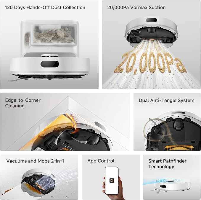 dreame D20 Air Plus Robot Vacuum and Mop, 20,000Pa Powerful Suction | 120-Day Self-Emptying with 4L Dust Bag, Anti-Tangling Tech, Edge-to-Corner Cleaning, Deep Carpet Cleaning, 360° Navigation - Image 8