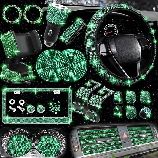 NBTEPEM 27 PCs Green Bling Car Accessories Set for Women, Steering Wheel Covers Universal Fit 15 Inch, Bling License Plate Frame, Bling Phone Holder, Bling Car Coasters (Green Diamond) by NBTEPEM