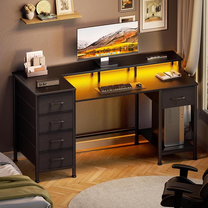 Korfile 47 Inch Computer Gaming Desk with Power Outlets & LED Lights Reversible Home Office Desk with Adjustable 5 Fabric Storage Drawers for Working Writing Study, Carbon Fiber Black | For gaming and working,built-in power outlets and LED lights,5 fab... - Image 7