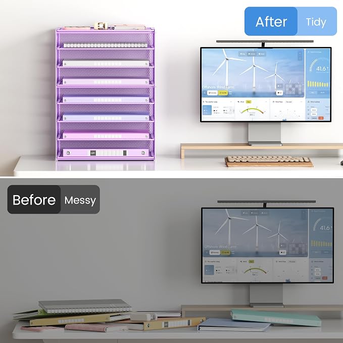 Lavatino 8-Tier Office Desk File Organizer, Letter Tray Paper Organizer with Handle, Including 5 Adjustable Slide Trays for Organizing Desktop Workspace Accessories and Supplies (Purple Metal Mesh) - Image 5
