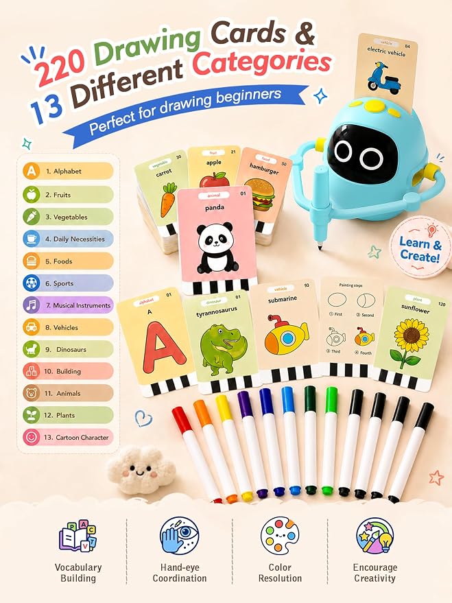 Kikapabi Drawing Robot Toys for Kids, 220 Flash Cards Gift for 3-8 Years Old Boys Girls, Montessori Doodle Art Painting with Voice Interactive for Beginners, Birthday (Blue) - Image 4