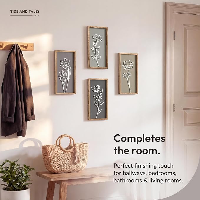 3D Wooden Floral Bathroom Wall Decor (Set of 4) Lightweight, Ready-to-Hang Framed Wall Art For Living Room, Bedroom, or Office - Premium Boho Botanical Farmhouse Decorations - Gift-Boxed - Image 9