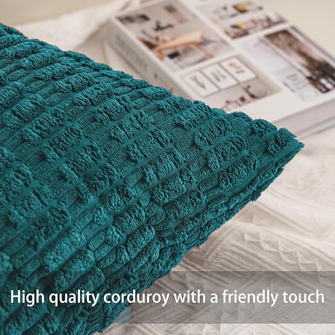 Aegero Pack of 2 Corduroy Decorative Throw Pillow Covers 18x18 Inch Soft Striped Pillow Covers Modern Farmhouse Home Decor for Sofa Living Room Couch Bed（Turquoise） - Image 2