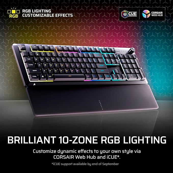 Corsair Skiff 100 Quiet RGB Wired Membrane Gaming Keyboard – QWERTY US, IP53 Spill & Dust Resistant, Responsive Keys, Media Dial – Black - Image 4