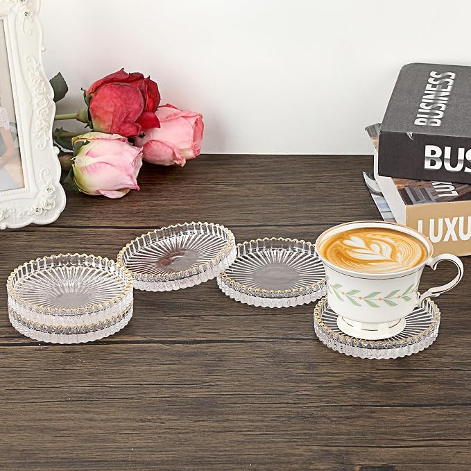 Set of 5 Modern Clear Coaster, Glass Coasters for Drinks, Crystal Coasters Round Cup Mat, Coffee Table Decor for Office, Kitchen, Bar, Dining Room, Living Room, Patio (Clear with Gold Rim) - Image 7
