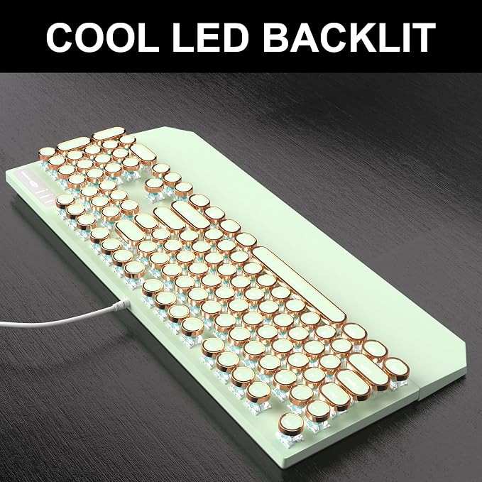 Camiysn Typewriter Style Mechanical Gaming Keyboard, Green Retro Punk Gaming Keyboard with White Backlit, 104 Keys Blue Switch Wired Cute Keyboards, Round Keycaps for Windows/Mac/PC - Image 4