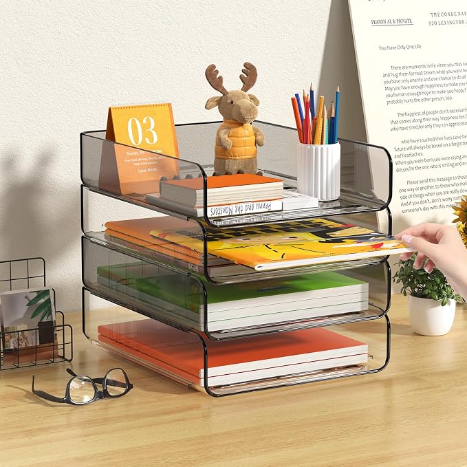 FANXIYQ 4-Tier Acrylic Paper Tray Organizer, 2-Tone Office Paper Organizer | Stackable, Tool-Free Design with 2-4 Tiers for A4 Paper, Files, Books and Mail; Ideal for School, Home Office and Study Room - Image 2