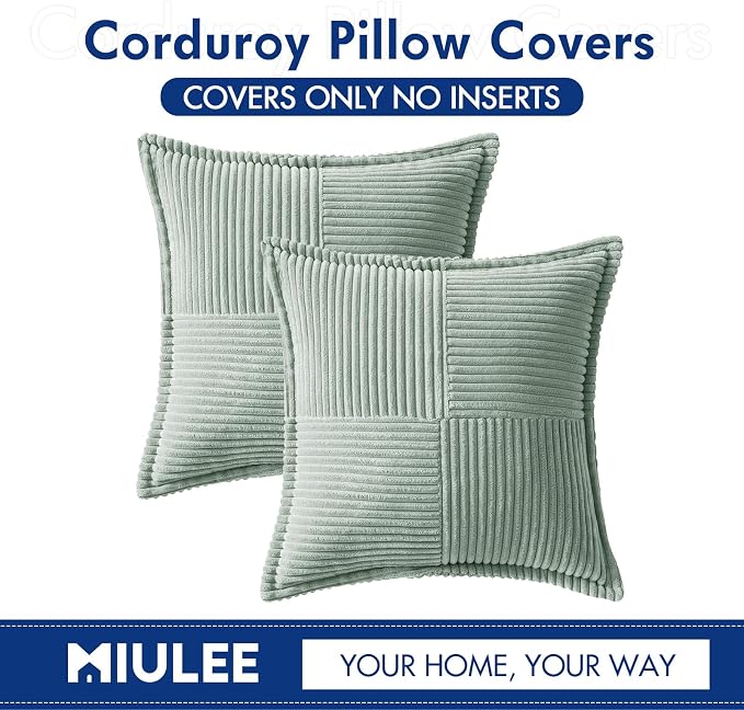 MIULEE Spring Decorative Throw Pillow Covers for Couch Bed Livingroom 18x18 Inch Set of 2 Greyish Green Boho Accent Throw Pllows Broadside Striped Patchwork Soft Corduroy Summer Pillowcases - Image 6