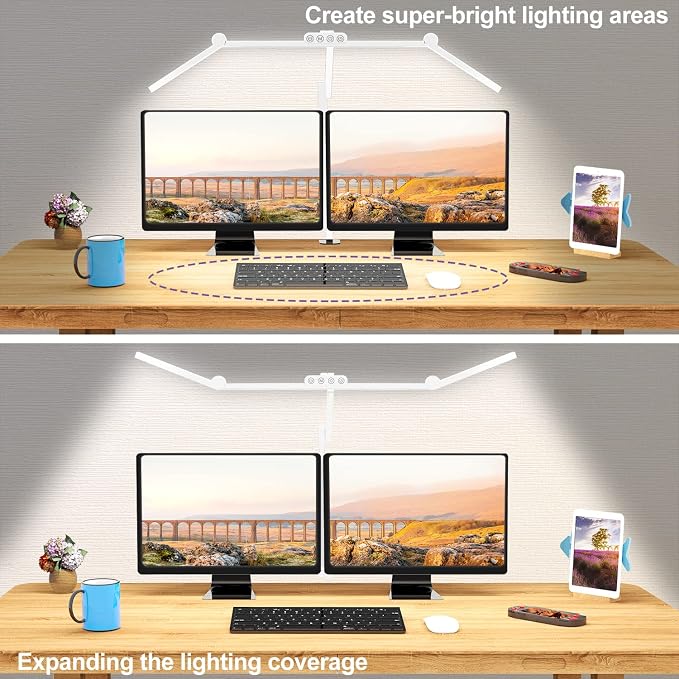 Micomlan Led Desk Lamp for Home Office, White Architect Desk Lamp with Clamp for Crafting, 24W Bright Rotatable Led Table Light Stepless Dimming Tempering Wide Computer Light with Atmosphere Lighting - Image 2