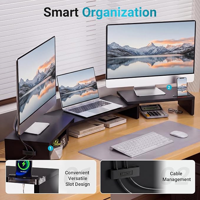 BONTEC Triple Monitor Stand Riser with Smartphone Holder, Black | Adjustable Length & Swivel Angle, Ergonomic Wooden Desktop Organizer for PC Monitor, Laptop, Printer, Large Storage, 53.3 in - Image 5