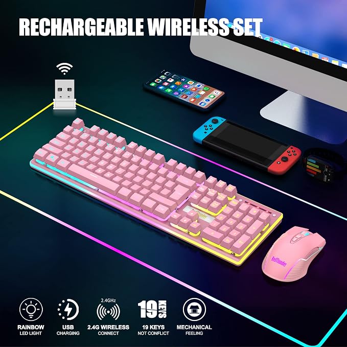 RedThunder K10 Wireless Gaming Keyboard and Mouse Combo, LED Backlit Rechargeable 3800mAh Battery, Mechanical Feel Anti-ghosting Keyboard + 7D 3200DPI Mice for PC Gamer (Pink) - Image 2