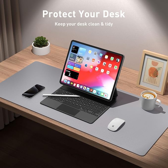 Aothia Leather Desk Pad Protector, Mouse Pad, Office Desk Mat, Non-Slip PU Leather Desk Blotter, Laptop Desk Pad, Waterproof Desk Writing Pad for Office and Home (23.6" x 13.7", Light Grey) - Image 3
