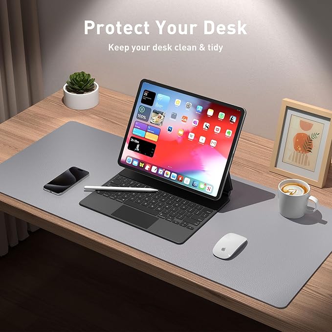 Aothia Leather Desk Pad Protector, Mouse Pad, Office Desk Mat, Non-Slip PU Leather Desk Blotter, Laptop Desk Pad, Waterproof Desk Writing Pad for Office and Home (31.5" x 15.7", Light Grey) - Image 3
