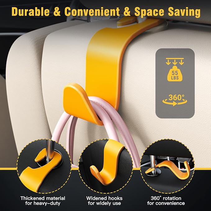 Amooca Car Seat Headrest Hook 4 Pack Hanger Universal Vehicle Car Storage Organizer for Handbag Purse Coat S Type Yellow - Image 5
