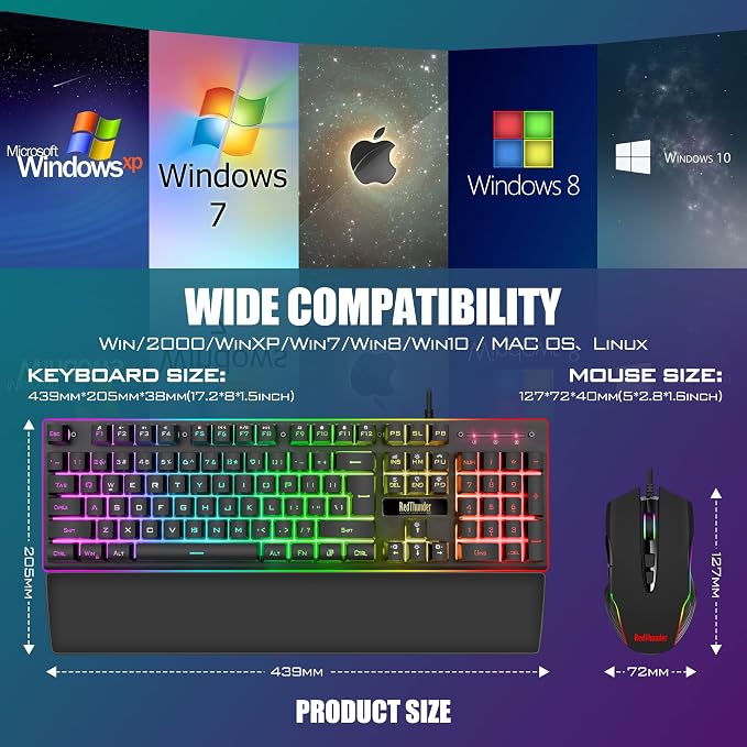 RedThunder K10 Wired Gaming Keyboard and Mouse and Wrist Rest Combo, RGB Backlit, Mechanical Feel Anti-ghosting Keyboard + 7D 7200 DPI Mice+Soft Leather Wrist Rest 3 in 1 PC Gamer Accessories(Black) - Image 7
