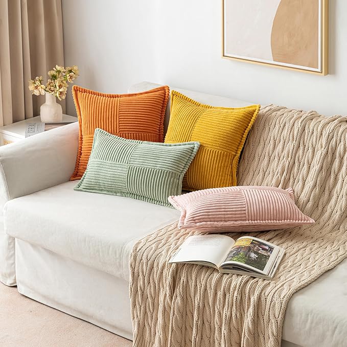 MIULEE Fall Burnt Orange Decorative Throw Pillow Covers for Couch Bed Livingroom 20x20 Inch Set of 2 Boho Accent Throw Pllows Broadside Striped Patchwork Soft Corduroy Pillowcases - Image 4