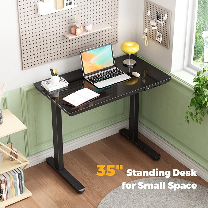 35" Electric Standing Desk with Drawer, One-Piece Glass Top | Quick Install One-Piece Tabletop with USB Charging Ports, Sit Stand Computer Desk with Wheels for Small Space, Black - Image 4
