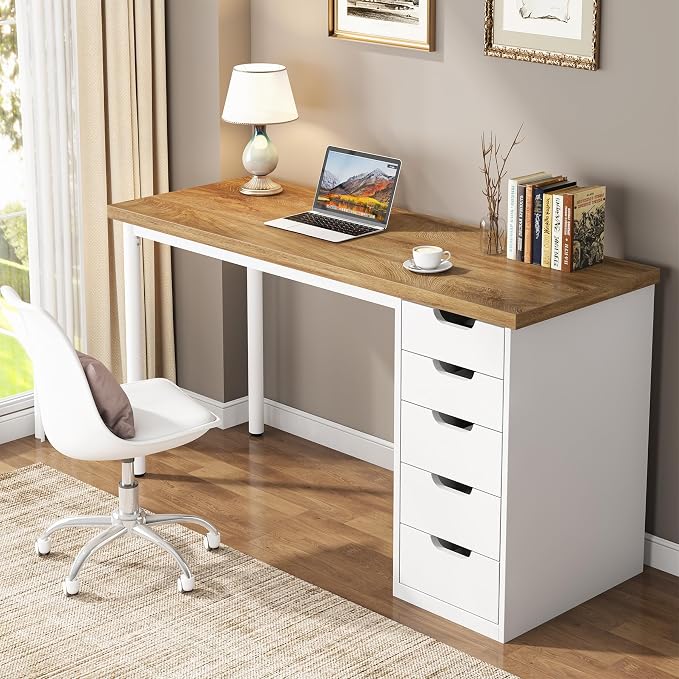 Tribesigns Computer Desk with 5 Drawers, 47 inches Rustic Brown Home Office Desk with Storage, Modern Simple Laptop Desk Study Writing Table for Small Spaces (1, Walnut+White) - Image 4