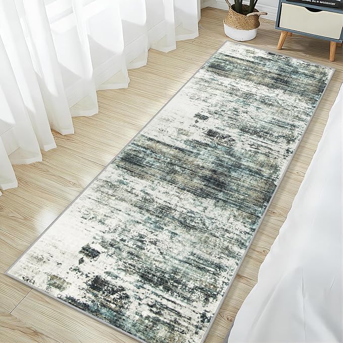 2'6''x8' Runner Rugs Washable Rug: Modern Abstract Hallway Runner Rug Indoor Soft Low Pile Thin Carpet Anti-Skid Non-Shedding Carpets for Kitchen, Entryway, Laundry, Bedroom - Green Multi - Image 3