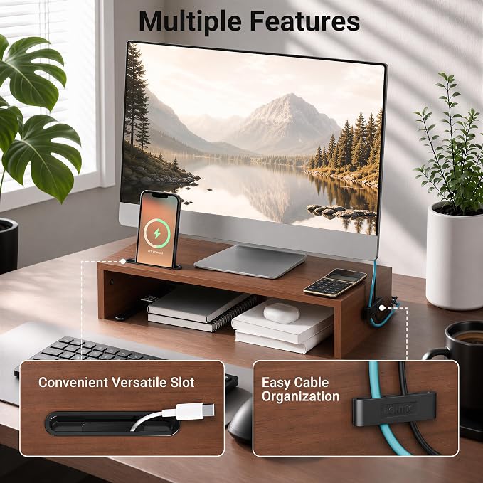 BONTEC Monitor Stand Riser with Cellphone Holder & Cable Management | 16.7 Inch Wood Monitor Riser Stand, Desktop Stand for PC/TV/Laptop/Printer, Walnut - Image 3