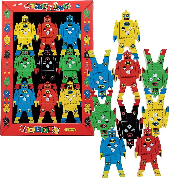 Schylling Stacking Robots - Colorful Wooden Stacking Toy for Kids - 9 pcs. Fun Puzzle for Balancing and Imaginative Play - Ages 3 and Up by Schylling