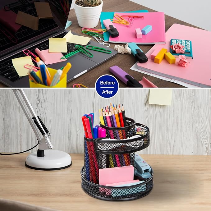 Comix Mesh 360° Rotating Pen Holder, Desk Organizer for Home Office, Black | 5 Compartment Pencil Holder, Sticky Notes Holder, Pen Organizer Office Supplies - Image 7