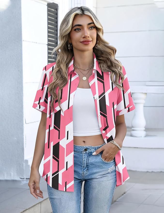 Zeagoo Button Down Shirts for Women Short Sleeve Collared Tops Dressy Casual V Neck Blouses - Image 3