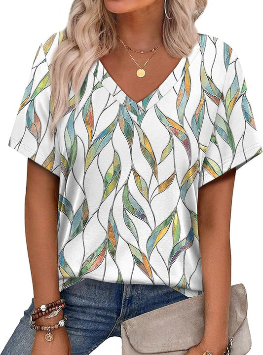 Alaroo Womens Summer Tops 2026 V Neck Short Sleeve Shirts Trendy Dressy Casual Vacation Outfits Printed by Alaroo