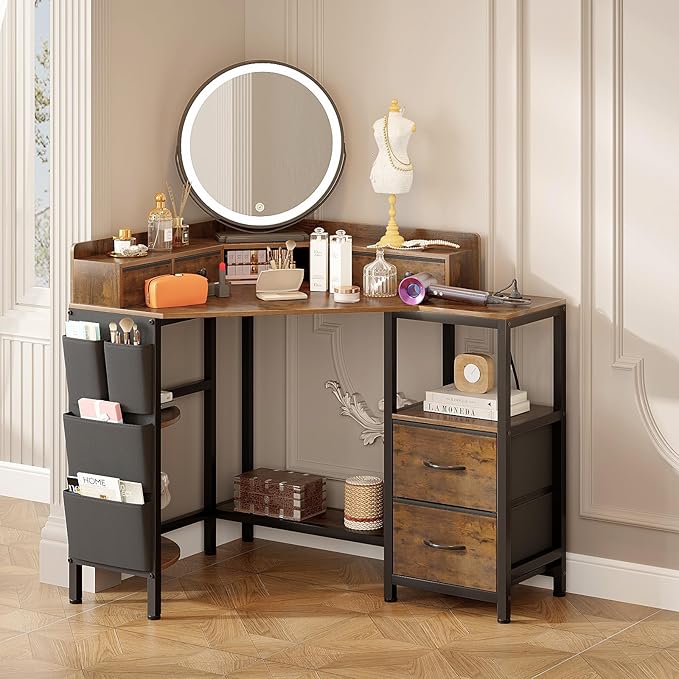 VENNQD Corner Desk with 6 Fabric Drawers Shelves for Small Space Computer Desk with Power Outlets,Gaming Desk with Printer Monitor Stand Storage for Home Office Workstation Writing Table Brown - Image 7
