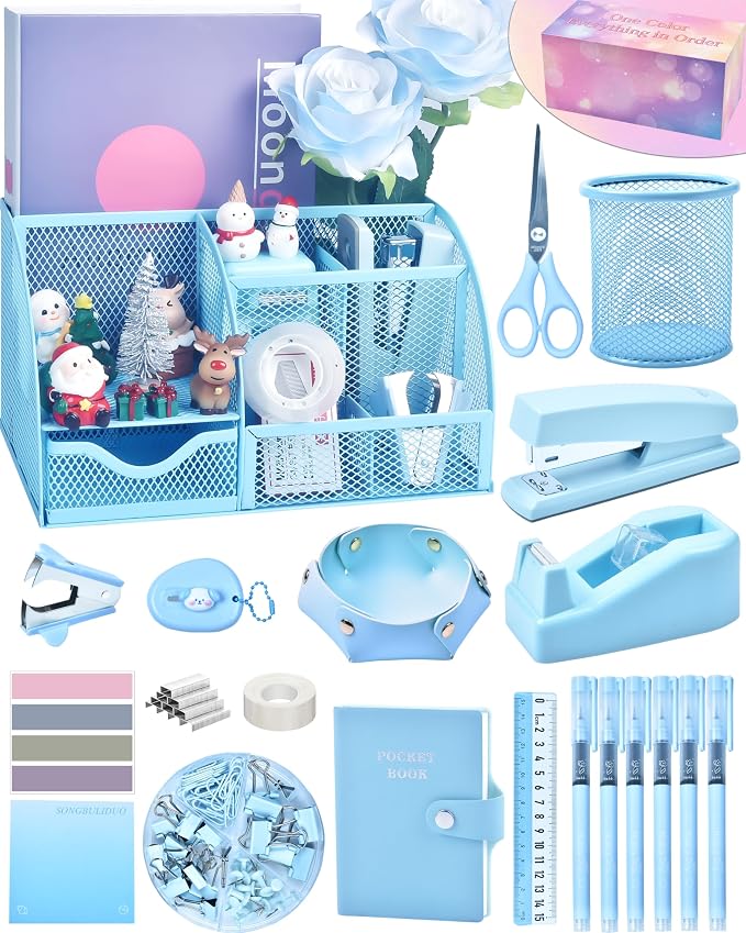 Blue Desk Accessories, 26Pcs Office Supplies and Desk Organizers, with Tape Dispenser, Stapler, Staple Remover, Ect, Gift Box Packaging by StyleYourDeskinOneColor