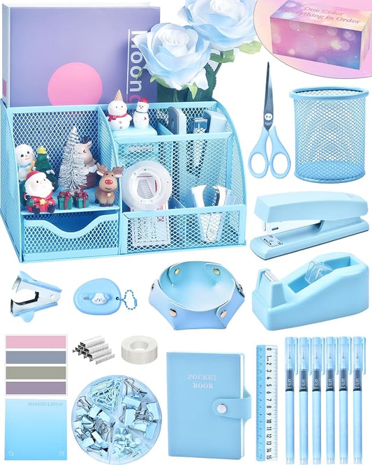 Blue Desk Accessories, 26Pcs Office Supplies and Desk Organizers, with Tape Dispenser, Stapler, Staple Remover, Ect, Gift Box Packaging by StyleYourDeskinOneColor