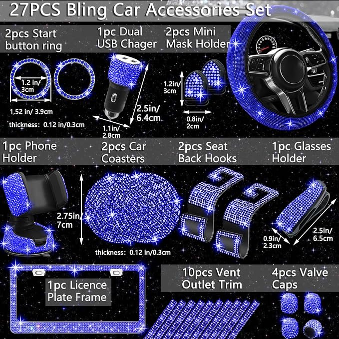 NBTEPEM 27 PCs Blue Bling Car Accessories Set for Women, Steering Wheel Covers Universal Fit 15 Inch, Bling License Plate Frame, Bling Phone Holder, Bling Car Coasters (Blue Diamond) - Image 2