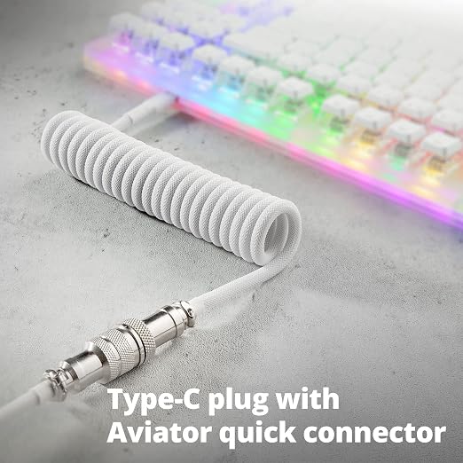 GUNMJO Pro Custom Coiled USB C Cable for Gaming Keyboard, Double-Sleeved Mechanical Keyboard Cable with Detachable Metal Aviator, 1.5M USB-C to USB-A, White Color - Image 3