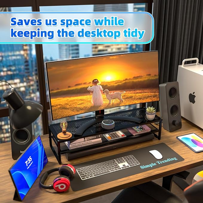 Simple Trending 2-Tier Dual Monitor Stand with Mouse Pad, Metal, Black | 32"W x 10"D x 7"H. Mesh cooling. Holds 100 lbs. Bottom tier fits keyboard & Xbox. Non-slip base. Free mouse pad. - Image 2