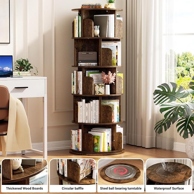 Aheaplus Rotating Bookshelf, 360 Display Wood Spinning Bookshelf Tower, 5 Tier Floor Standing Bookcase Storage Rack, Revolving Bookcase Corner Bookshelfs for Small Space, Study, Bed Room, Rustic Brown - Image 4