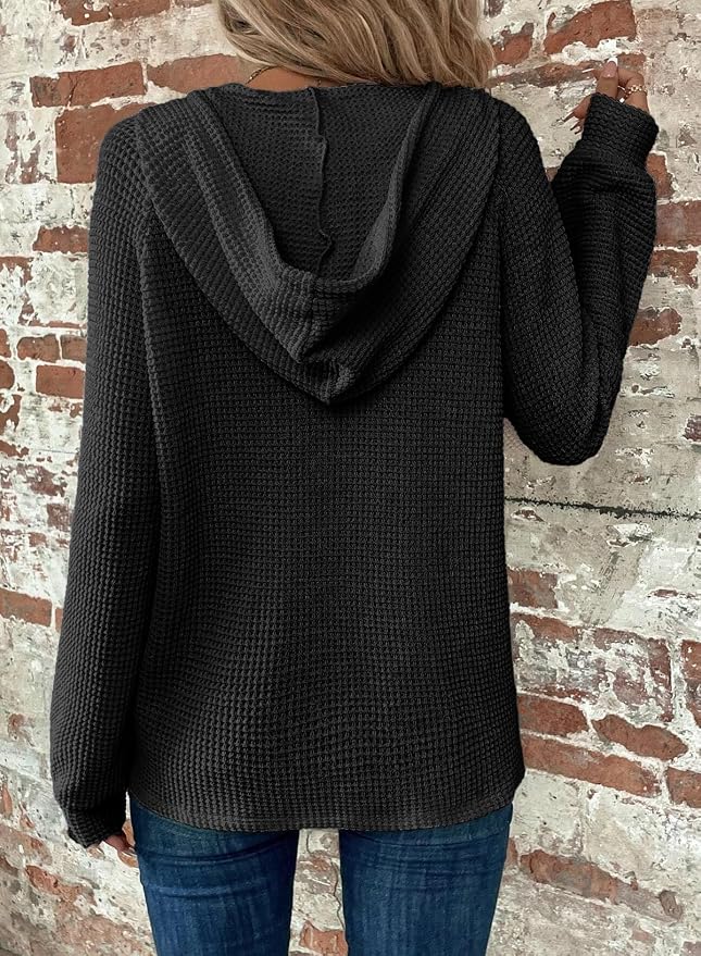 Dokotoo Hoodies for Women Waffle Knit Long Sleeve Drawstring Button V Neck Casual Sweatshirt Hooded Tops Fashion Clothing - Image 2