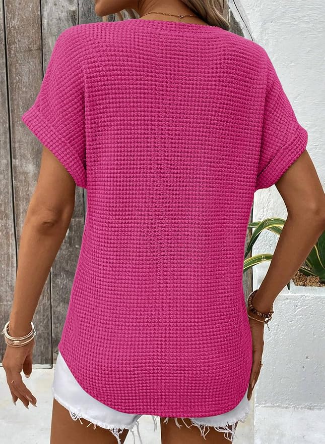 Dokotoo Womens Waffle Knit Tops 2026 Spring Summer V Neck Shirts Casual Trendy Women's Blouses Basic Tee - Image 4