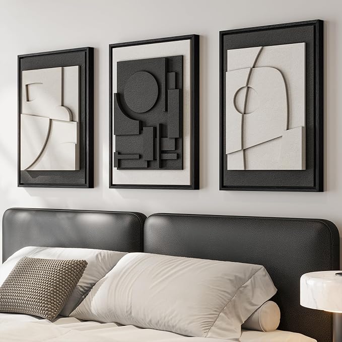 3D Textured Framed Black and White Abstract Wall Art for Bedroom, 3 Piece Modern Paintings Artwork for Walls, Minimalist Black White Geometric Pictures for Living Room, Dining Room Wall Decor 16x24 In by Cuspin