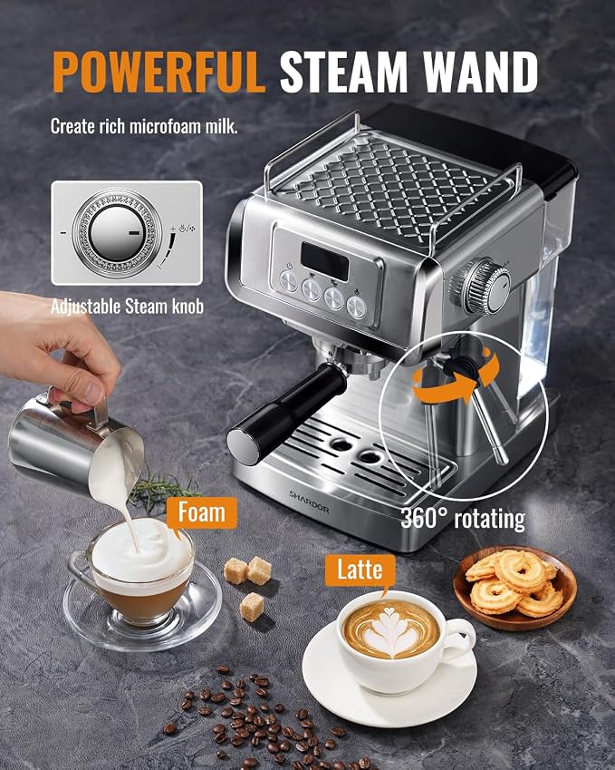 SHARDOR 20 Bar Espresso Machine for Home, Espresso Coffee Maker with Temp Display, Expresso Machine with Steam Milk Frother for Latte & Cappuccino, 60oz Water Reservoir, Stainless Steel, 1350W - Image 3