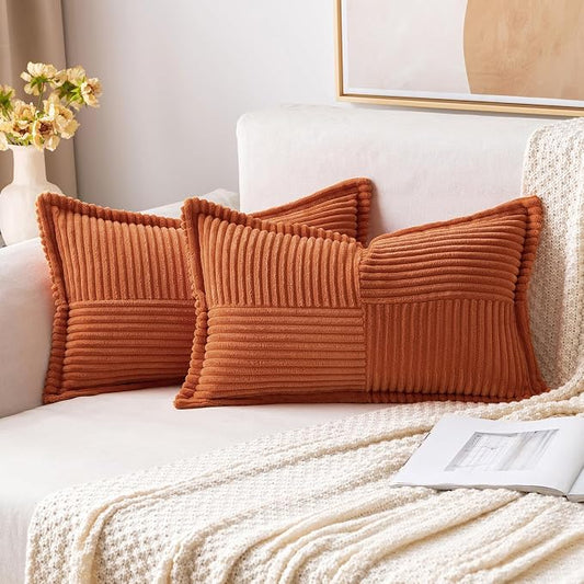 MIULEE Fall Rust Decorative Lumbar Throw Pillow Covers for Couch Bed Livingroom 12x20 Inch Set of 2 Boho Accent Throw Pllows Broadside Striped Patchwork Soft Corduroy Pillowcases, Terracotta by MIULEE
