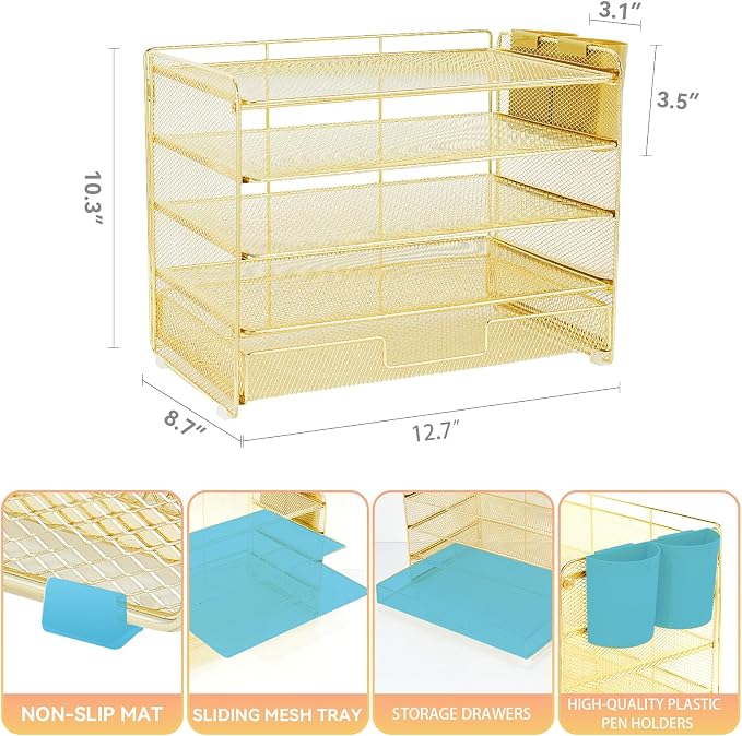 LEKETREE Desk Organizers and Accessories, 5-Tier Paper Letter Tray Organizer with Drawer & 2 Pen Holders, Desktop Organizer for Office Supplies (Gold) - Image 2