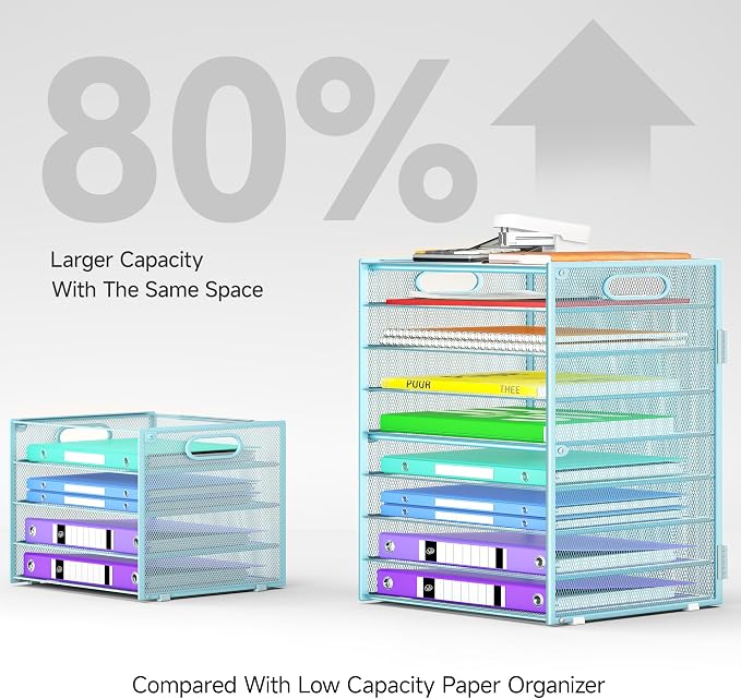 Cawukege 9 Tier Paper Organizer with Handle, Large Capacity Desk Organizer Mesh File Folder Letter Paper Tray Desktop Document Sorter for Classroom, School, and Office Accessories Organization- Blue - Image 3