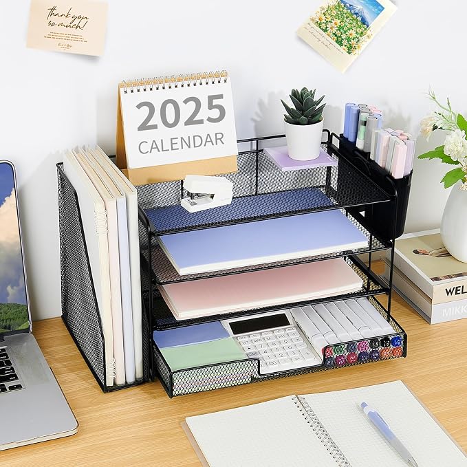 OPNICE Desk Organizer, 4-Tier Desktop File Organizer with Drawer and Pen Holders, Office Desk Accessories, File Sorters, Workspace Organizers for Office Supplies(Black) - Image 4