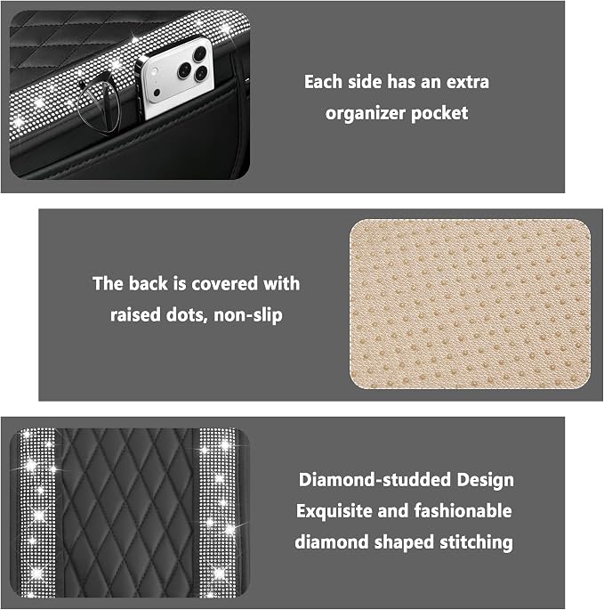 Stacool Upgraded Car Center Console Cover with Rhinestones,Microfiber Leather Car Armrest Cover Cushion with 2 Storage Bags,Universal Cars Armrest Storage Box as Cars Interior Accessories - Image 3