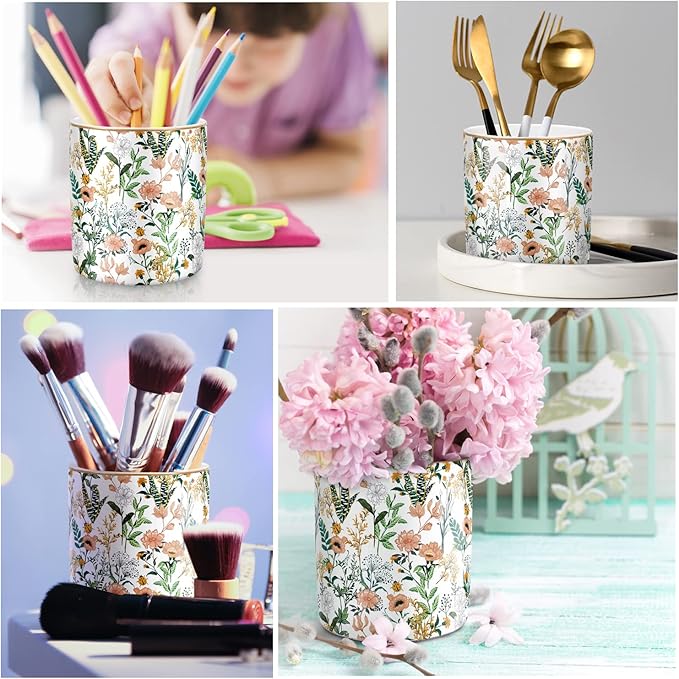 Large Capacity Colored Pen Holder for Desk, Ceramic Pencil Holder Pen Cup Marker Holder Makeup Brush Holders, Desk Accessories & Workspace Organizers for Home, Office, White Flower - Image 3