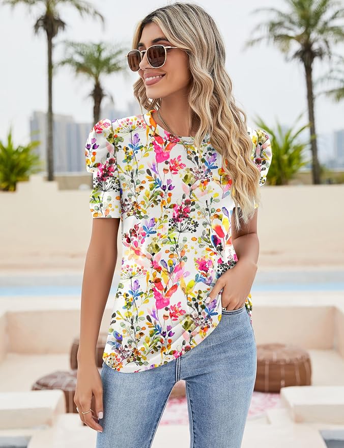 Ivicoer Puff Short Sleeve Shirt for Women Eyelet Tops Summer Crewneck Blouse Loose Fit S-XXL - Image 3