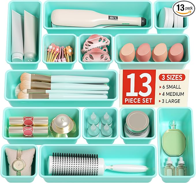 Canfanni 13 Pack Plastic Drawer Organizers Set, 3 Sizes Desk Drawer Organizer Trays for Vanity and Makeup Organizer, Organization and Storage for Makeup, Kitchen Utensils, Bathroom and Office(Blue) by Canfanni