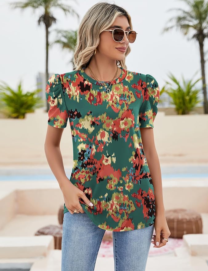 Ivicoer Puff Short Sleeve Shirt for Women Eyelet Tops Summer Crewneck Blouse Loose Fit S-XXL - Image 2